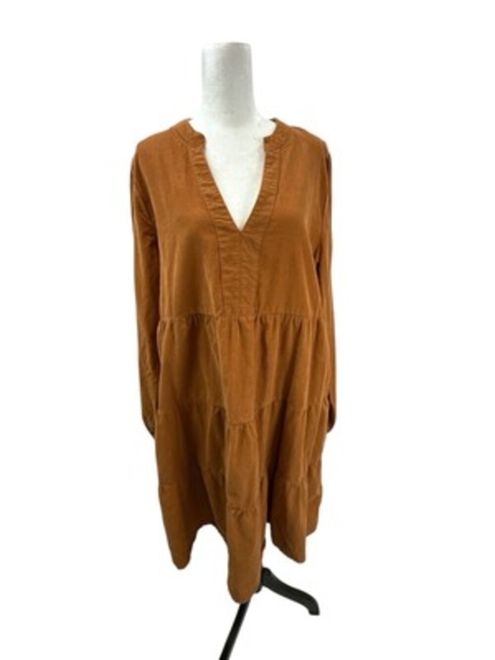 Lucky Brand Burnt Orange Brown Corduroy Long Sleeve Tiered Mini Dress Size L